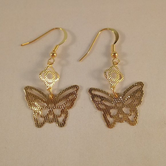 18K Yellow Gold Filled Hollow Carved Butterfly Flower Dangle Earrings Party Gift - Picture 3 of 4